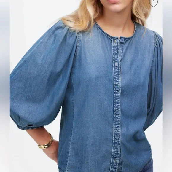 NWT Madewell Denim Puff-Sleeve Button-Up Top in Kennebec Wash - Picture 5 of 11